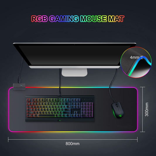 Tapis de Souris Gaming RGB XXL (800 x 300 mm), 14 Effets D'éclairage LED, Étanche, Antidérapant, Résistant à l'usure pour Gamer, Ordinateur, PC